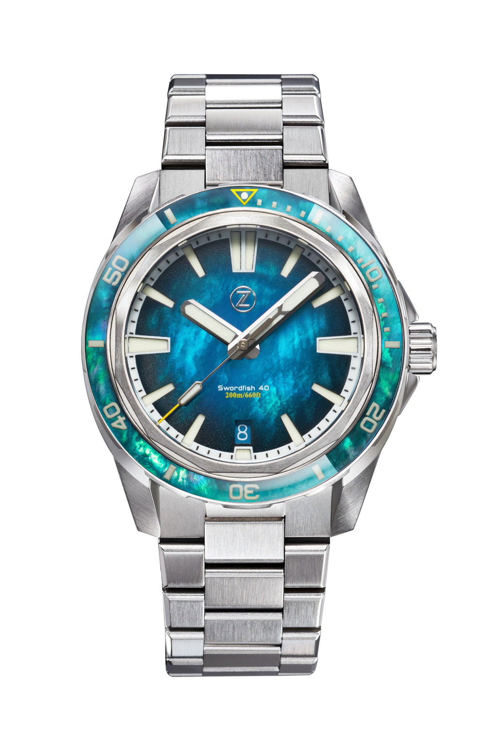 Swordfish 40mm SS Teal MOP – Zelos Watches