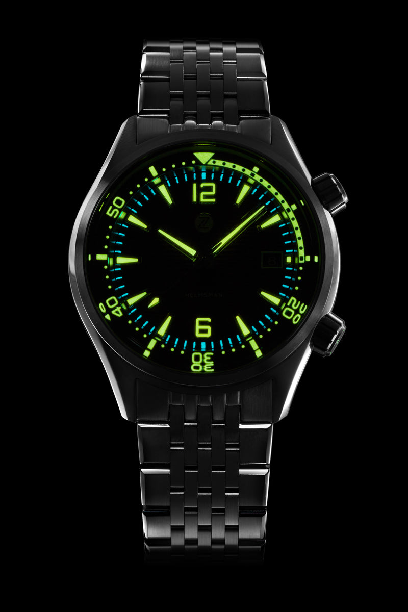 Angled view of the Zelos Helmsman Carbon watch