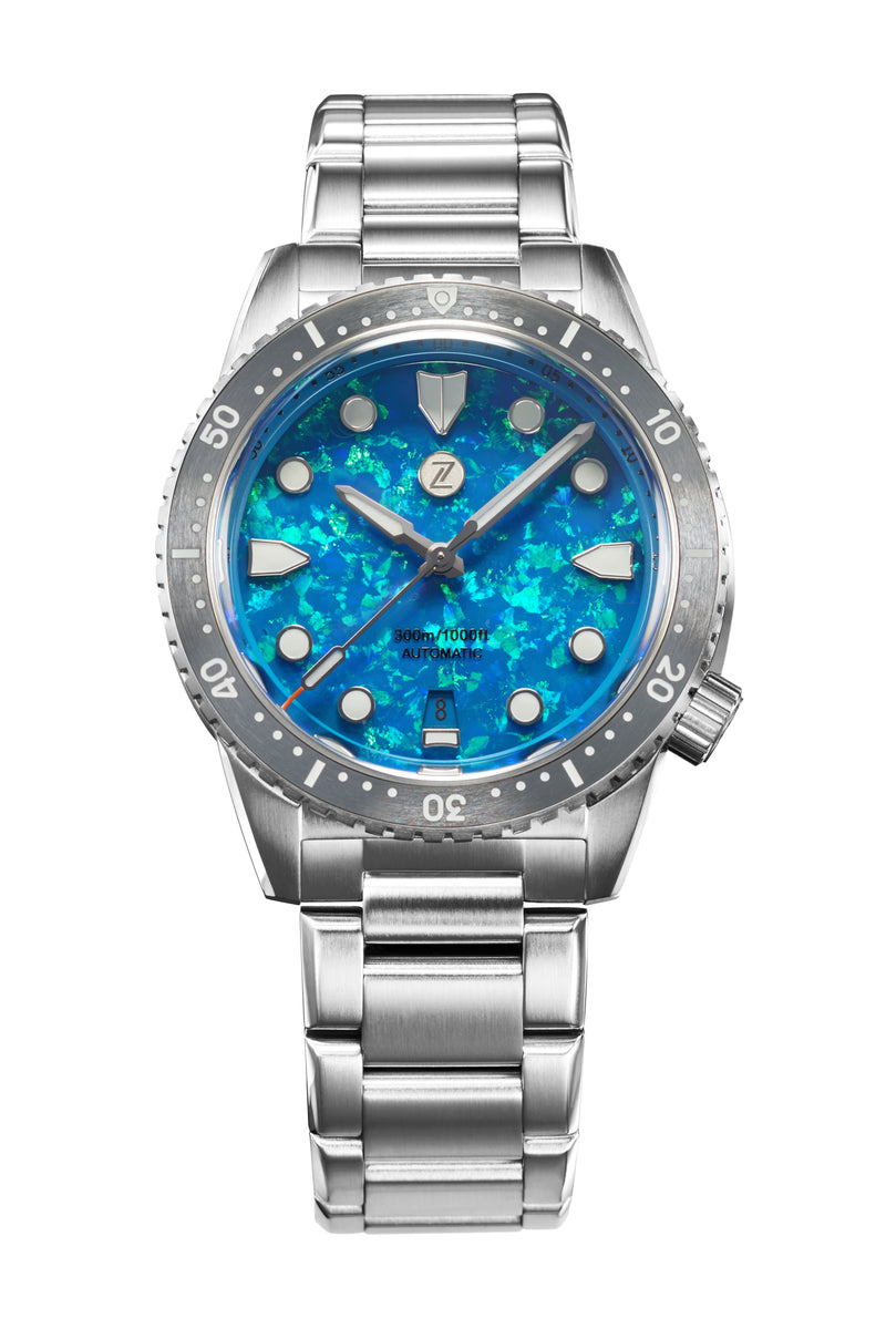 The Mako Opal uses a blue synthetic-opal dial and brushed grey ceramic bezel.