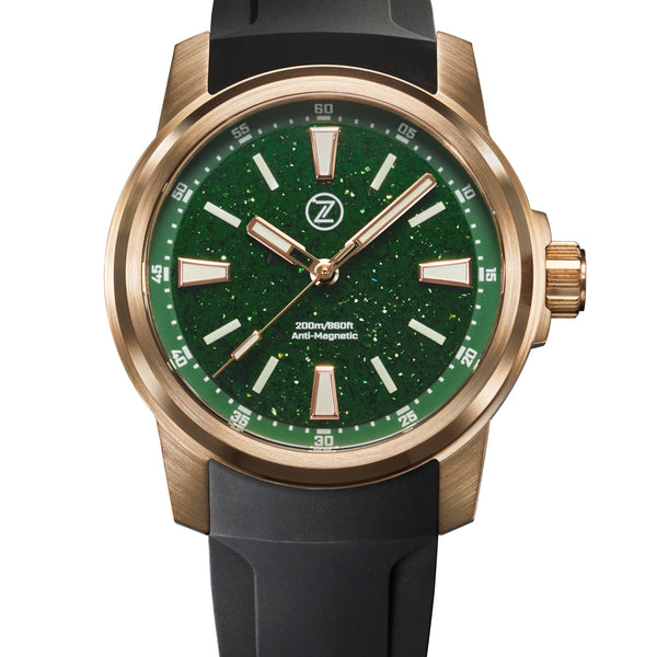 ベルジャー フレンチクローシュガラス グリーン ヴィンテージ ハンドメイド Aurora Field 38mm Br 'Green Aventurine' – Zelos Watches