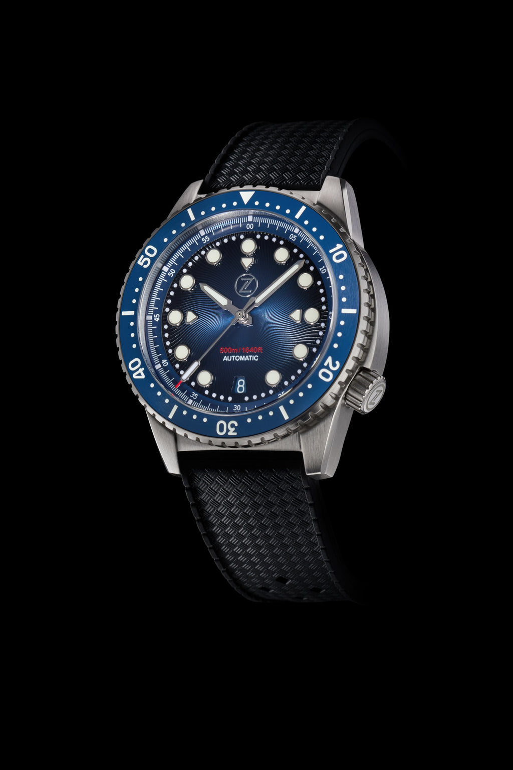 Zelos Mako V2 500m — massive circular lume plots on deep blue dial