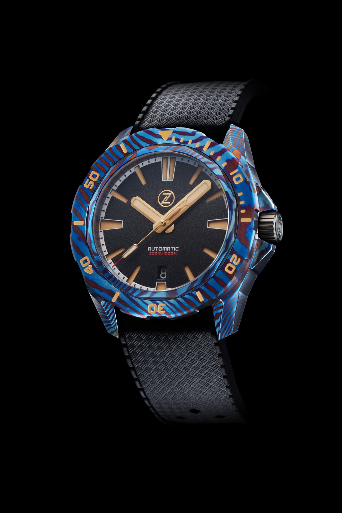 Swordfish Blue Ti-Damascus 'Black Sand' – Zelos Watches